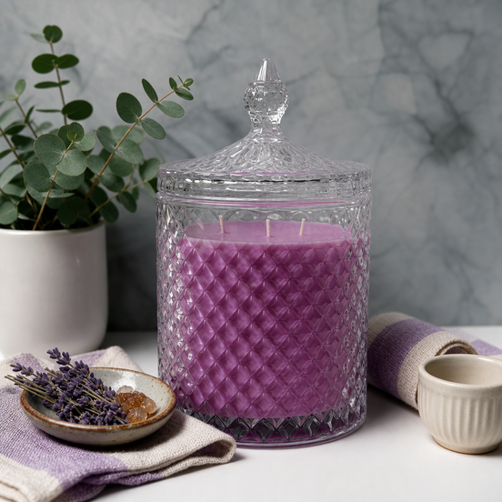 XXL Lavendel Kristallglas Grande (630g Wachs) – Hochwertige 3-Docht Duftkerze im Kristallglas mit Deckel