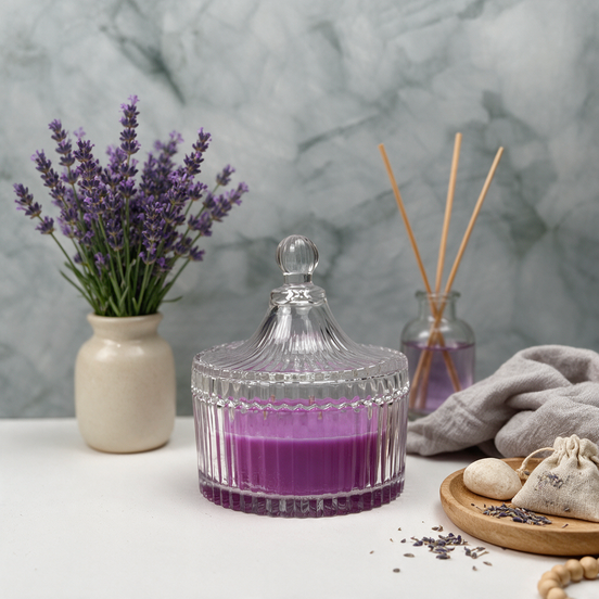 Lavendel Klar Gerillt – Hochwertige Duftkerze im facettierten Kristallglas mit Deckel