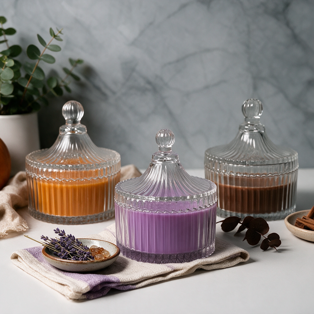 Goldener Herbst Gerillt – Hochwertiges 3er-Set Duftkerzen im facettierten Kristallglas mit Deckel