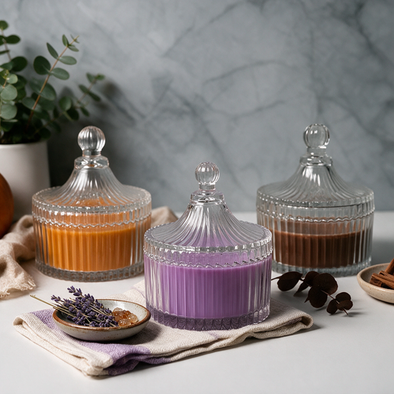 Goldener Herbst Gerillt – Hochwertiges 3er-Set Duftkerzen im facettierten Kristallglas mit Deckel