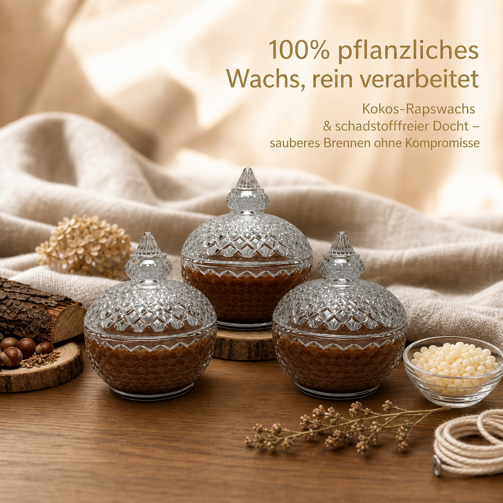 Winterwald – Hochwertiges 3er-Set Duftkerzen im runden Kristallglas mit Deckel