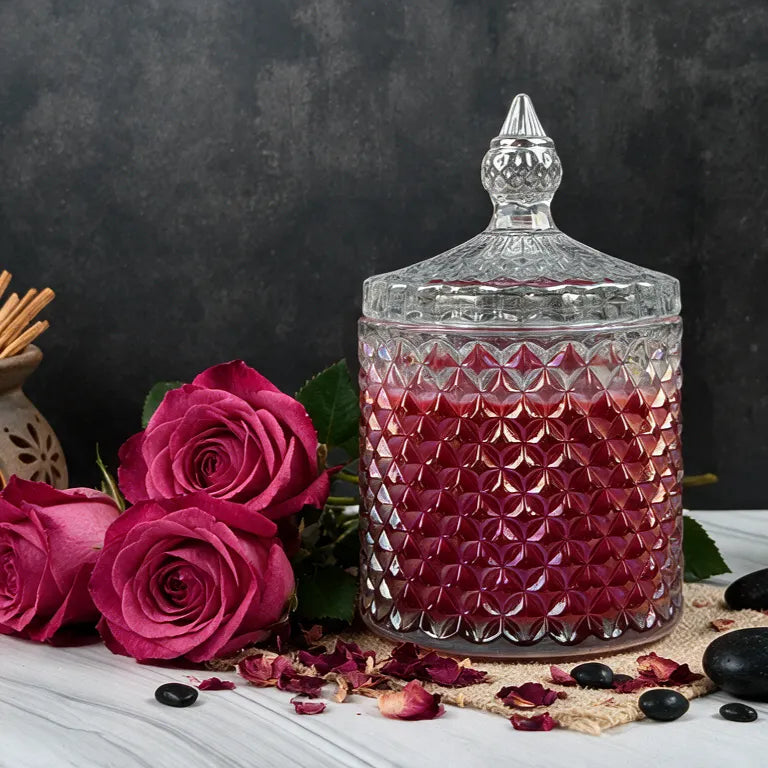 Oud & Velvet Rose – Hochwertige Duftkerze im Kristallglas mit Deckel
