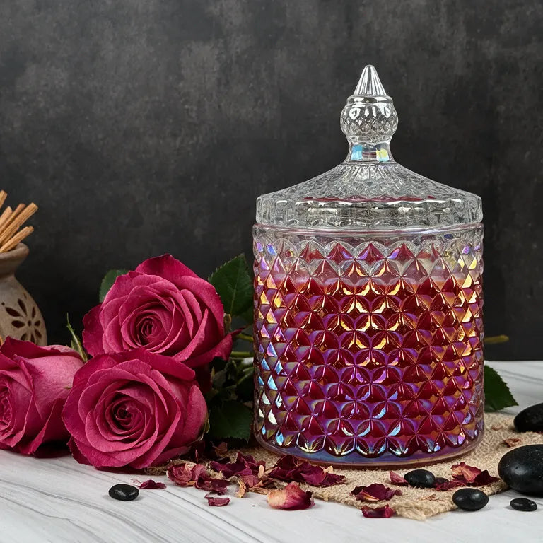 Oud & Velvet Rose – Hochwertige Duftkerze im Kristallglas mit Deckel
