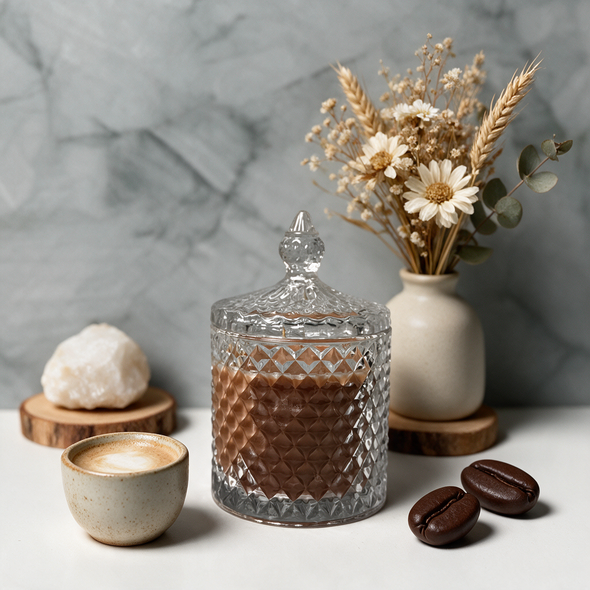 Karamell-Kaffee – Hochwertige Duftkerze im Kristallglas mit Deckel