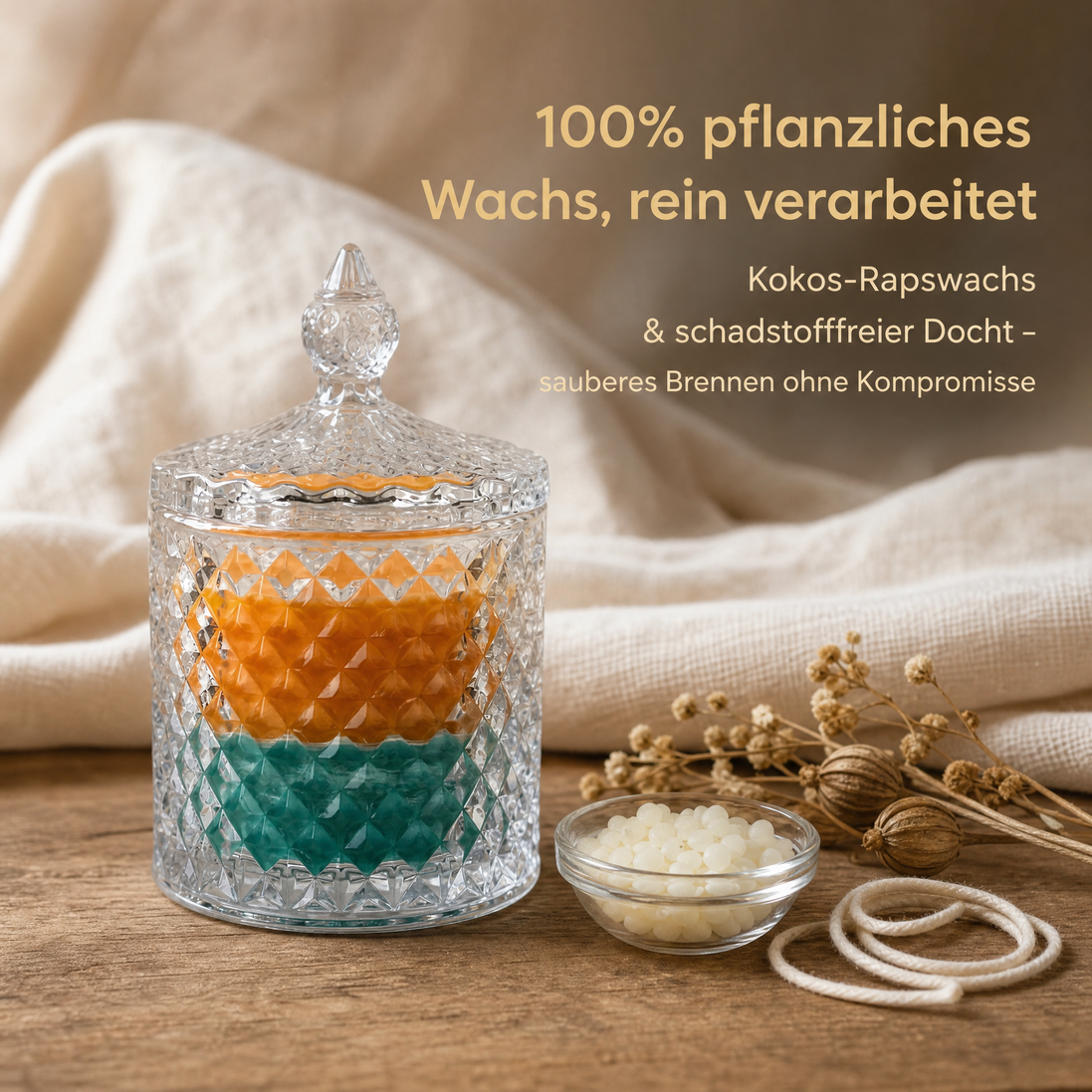 Kürbisgewürz & Apfel-Zimt – Hochwertige Duftkerze im Kristallglas mit Deckel