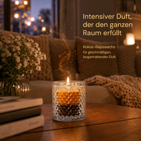 Kürbisgewürz & Kaffee – Hochwertige Duftkerze im Kristallglas mit Deckel