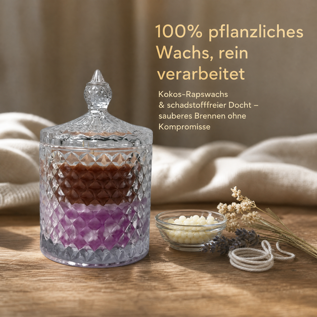 Lavendel & Zedernholz – Hochwertige Duftkerze im Kristallglas mit Deckel