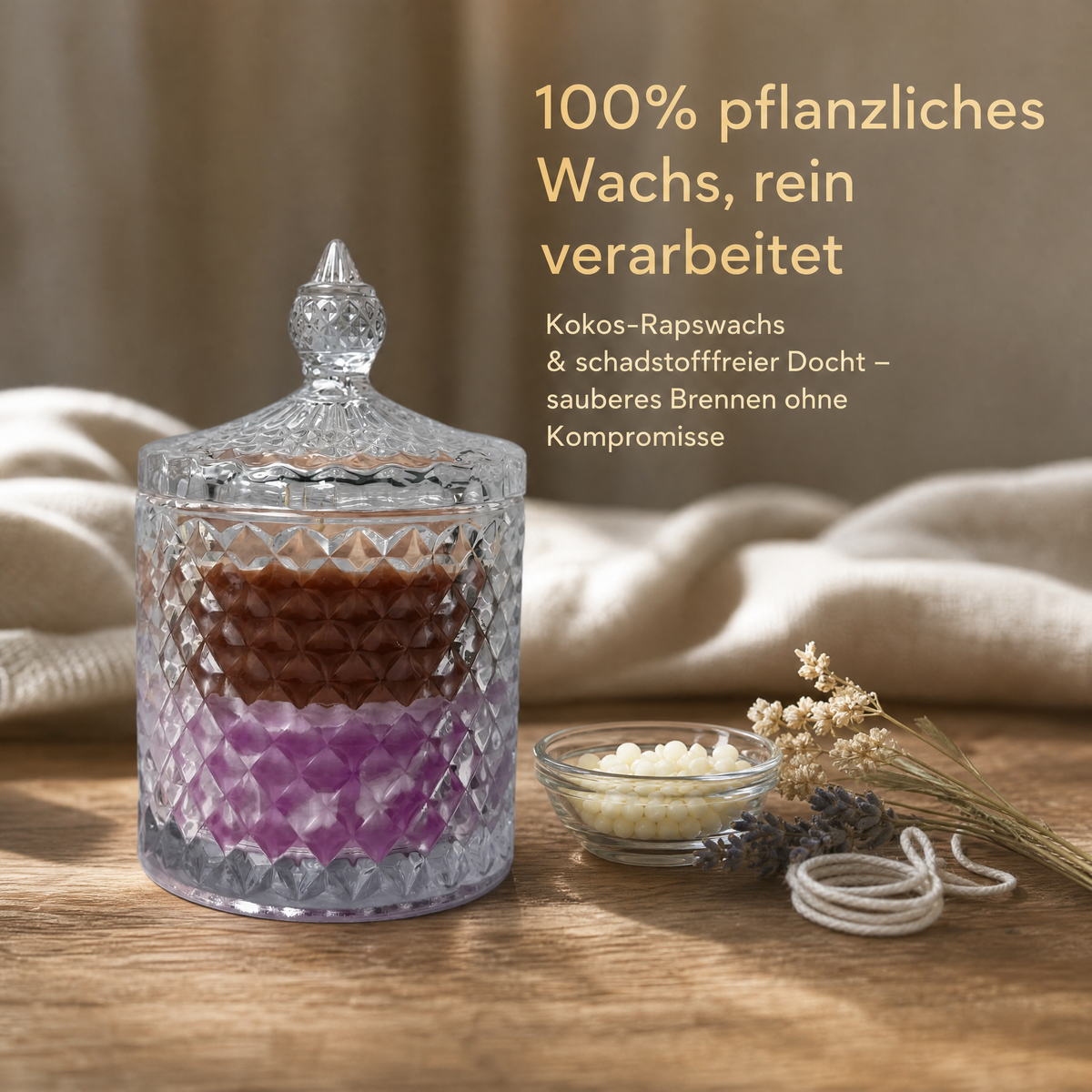 Lavendel & Zedernholz – Hochwertige Duftkerze im Kristallglas mit Deckel