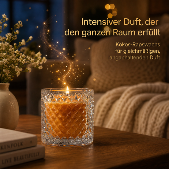 Kürbiskuchen – Hochwertige Duftkerze im Kristallglas mit Deckel
